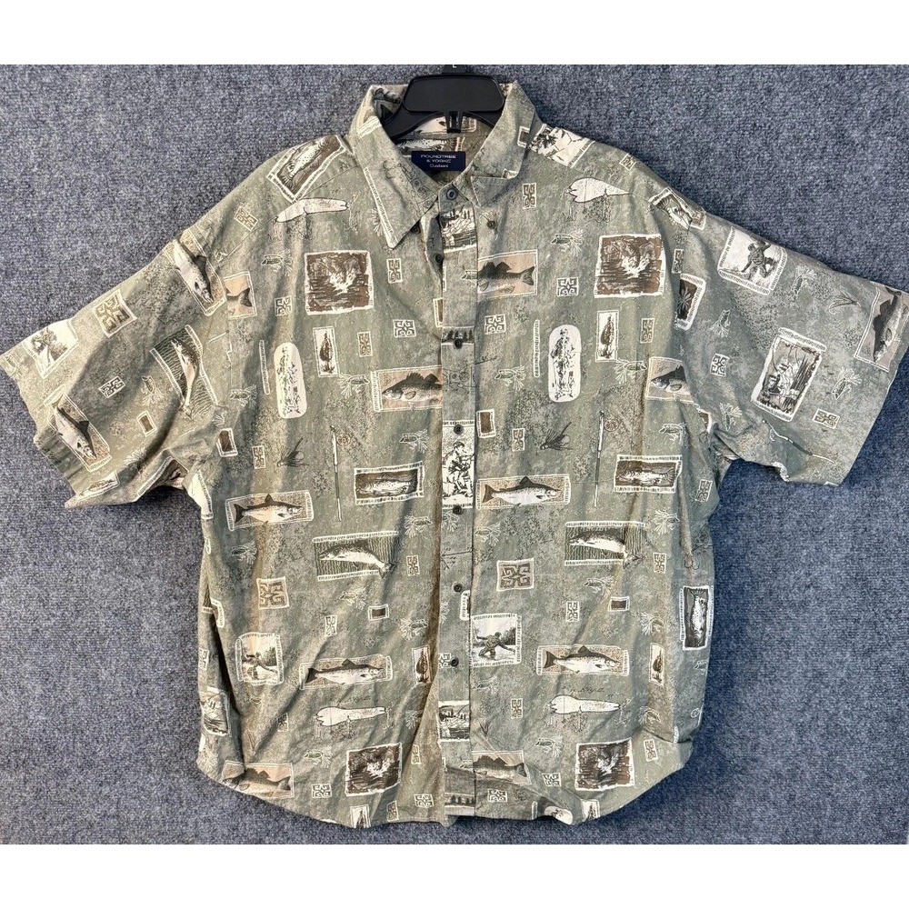 Roundtree & Yorke Fish Graphic T-Shirt Men Size 2x Green Button Up Short Sleeve
